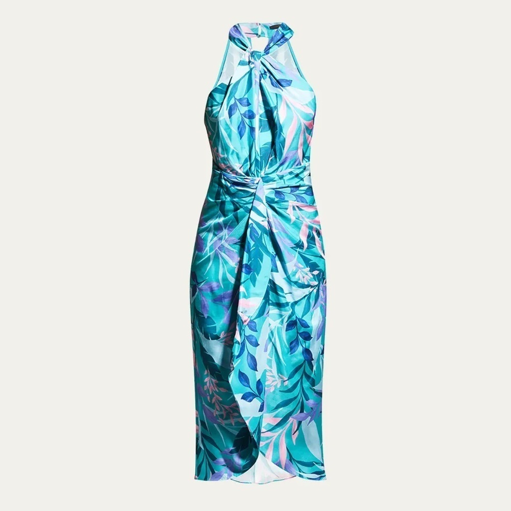Kobi Halperin Silk Dress Womens 2 Ruth Halter Blue Botanical Midi Tropical